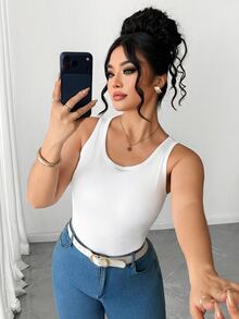 Elenzga Plus Size Women's Casual Comfortable Pure White Knitted Ribbed Crew Neck Tank Top With Chest Padding, Versatile For Daily Wear - White - View 7