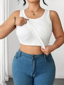 Elenzga Plus Size Women's Casual Comfortable Pure White Knitted Ribbed Crew Neck Tank Top With Chest Padding, Versatile For Daily Wear - White - View 1
