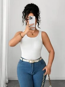 Elenzga Plus Size Women's Casual Comfortable Pure White Knitted Ribbed Crew Neck Tank Top With Chest Padding, Versatile For Daily Wear - White - View 4
