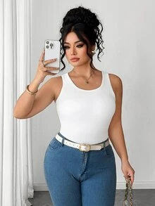 Elenzga Plus Size Women's Casual Comfortable Pure White Knitted Ribbed Crew Neck Tank Top With Chest Padding, Versatile For Daily Wear - White - View 5