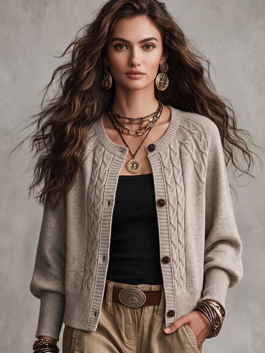 SHEIN LUNE Cable Knit Raglan Sleeve Cardigan - Khaki - View 1