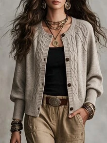 SHEIN LUNE Cable Knit Raglan Sleeve Cardigan - Khaki - View 3