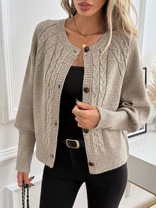 SHEIN LUNE Cable Knit Raglan Sleeve Cardigan - Khaki - View 4