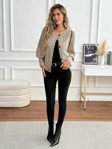 SHEIN LUNE Cable Knit Raglan Sleeve Cardigan - Khaki - View 6