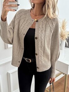 SHEIN LUNE Cable Knit Raglan Sleeve Cardigan - Khaki - View 8