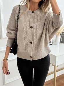 SHEIN LUNE Cable Knit Raglan Sleeve Cardigan - Khaki - View 7