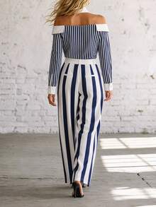 SHEIN Setelan Busana Formal Bergaya Formal dengan Motif Garis Biru dan Putih Elegan, Desain Bahu Terbuka, Koleksi Terbaru Musim Gugur - Blue and White - View 6