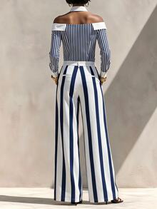 SHEIN Setelan Busana Formal Bergaya Formal dengan Motif Garis Biru dan Putih Elegan, Desain Bahu Terbuka, Koleksi Terbaru Musim Gugur - Blue and White - View 3