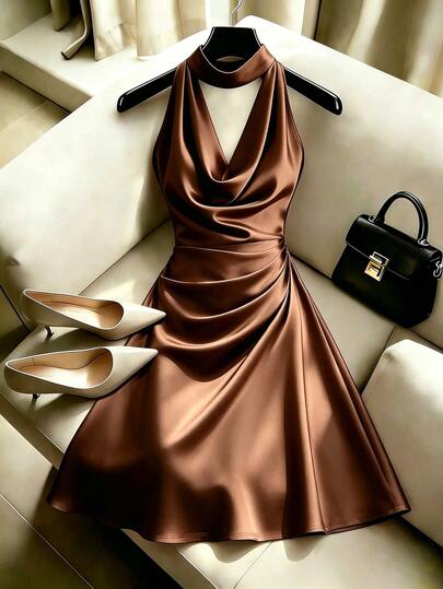 GlowEve CURVE Plus Size Women's All-Season Coffee-Colored Elastic Glossy Fabric Draped Neck Cowl Neck Backless Fashion Elegant Cinched Waist Side Pleated A-Line Knee-Length Dress, Suitable For Dating, Gathering, Shopping, Commuting And Daily Wear