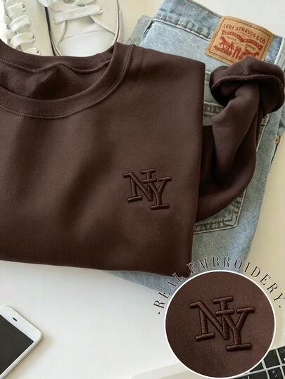 Lalippa Women's Coffee Brown New York NY Letter Embroidered Loose Crew Neck Sweatshirt, Casual All-Season Top, Coffee Color Casual Sweatshirt, Elegant And Comfortable Design, Casual Outing Crew Neck Sweatshirt