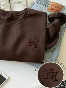 INAWLY 女款咖啡棕紐約 NY 字母刺繡寬鬆圓領運動衫，休閒四季上衣，咖啡色休閒運動衫，優雅舒適設計，休閒外出圓領運動衫 - 粉色 - 查看 6