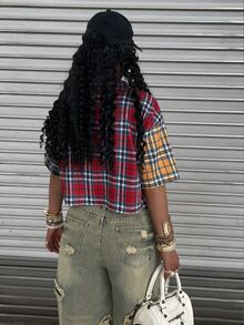 Rovax Color Block Plaid Raglan Short Sleeve Cropped Shirt - Multicolor - View 2