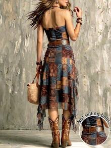 NostaNoir Vintage Patchwork Print Strapless Maxi Dress, Boho Irregular Ruffle HighSlit Bodycon Long Dress, Western Holiday Party Outfit - Black - View 2