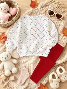 Setelan 2 Potong Baju Anak Perempuan Motif Polkadot Stroberi Warna-warni Kerah Bulat dan Legging Warna Burgundy Polos, Pakaian Kasual Anak-Anak - MultiWarna - View 4