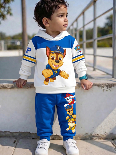 SHEIN | PAW Patrol Young Boy Colorblock Hooded Sweatshirt With Cartoon Dog And Elastic Waist Blue Jogger Pants, Casual Daily Outfit For Spring And Autumn