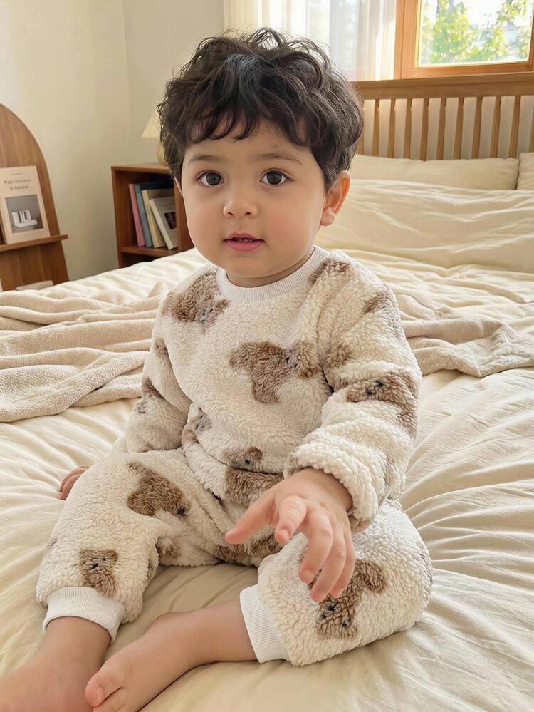SHEIN Baby Boys Autumn/Winter Long Sleeve Long Pants Cute Cartoon Bear All-Over Print Plush Loungewear - Multicolor - View 4
