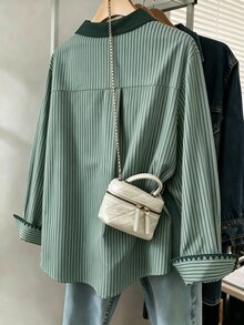 Resyla Plus Size Women's Striped Single-Breasted Long Sleeve Shirt For Daily Commute - Multicolor - View 2