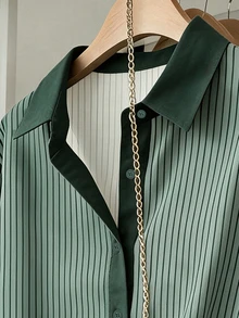 Resyla Plus Size Women's Striped Single-Breasted Long Sleeve Shirt For Daily Commute - Multicolor - View 3