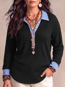 SHEIN New Plus Size Women's Fashion Casual Versatile Raglan Sleeve Contrast Color Button Half Placket T-Shirt - Multicolor - View 4