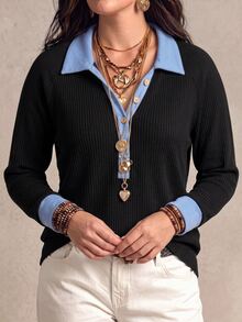 SHEIN New Plus Size Women's Fashion Casual Versatile Raglan Sleeve Contrast Color Button Half Placket T-Shirt - Multicolor - View 5