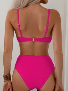 SHEIN Swim V 领细肩带比基尼套装，扭纹高腰两件套泳衣泳装海滩装夏季度假，夏日海滩 - 玫紅色 - 查看 2