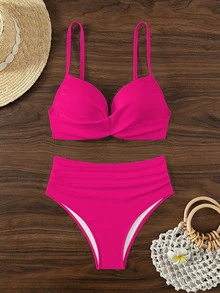 SHEIN Swim V 领细肩带比基尼套装，扭纹高腰两件套泳衣泳装海滩装夏季度假，夏日海滩 - 玫紅色 - 查看 4