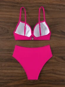 SHEIN Swim V 领细肩带比基尼套装，扭纹高腰两件套泳衣泳装海滩装夏季度假，夏日海滩 - 玫紅色 - 查看 8