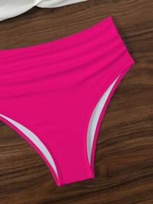 SHEIN Swim V 领细肩带比基尼套装，扭纹高腰两件套泳衣泳装海滩装夏季度假，夏日海滩 - 玫紅色 - 查看 7