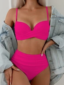 SHEIN Swim V 领细肩带比基尼套装，扭纹高腰两件套泳衣泳装海滩装夏季度假，夏日海滩 - 玫紅色 - 查看 1