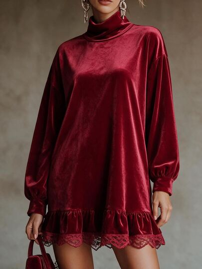 Louniche European Luxury Style Burgundy Ruched High Neck Lace Trim Lantern Long Sleeve Velvet Dress, Loose Slimming Short Dress For Autumn/Winter Banquet, Holiday Party