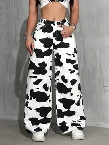 Rivivi New Milk Print Loose Fit Plus Size Women's Wide Leg Jeans - Multicolor - View 5