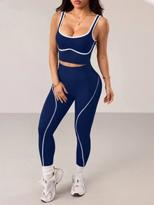 Slayform Slayform 2件組女款黑色無縫緊身瑜伽健身背心與高腰對比色運動內搭褲套裝 - 藏蓝色 - 查看 6