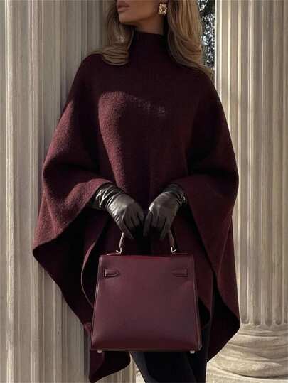Aloruh Women's Elegant Cape Shawl Burgundy Overcoat,Cozy,Office,Women Winter Coat,Winter Winter Outwear,Cozy,Winter Outfit For Women,Office,Cape Shawl Coat
