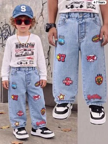SHEIN Genkimix Kids 男童街頭風休閒拼接撞色對比縫線寬鬆直筒多功能工裝牛仔褲 秋冬款 - 淺色水洗藍 - 查看 4