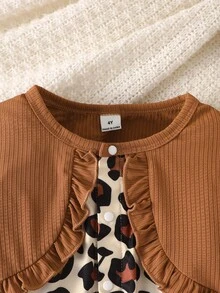 女童 4-7歲 假兩件式豹紋洋裝，棕色羅紋荷葉邊短外套蝴蝶結 A 字長袖服飾，適合秋冬校園日常、生日派對 - 棕色 - 查看 9