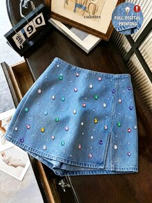 SHEIN Franclia 時尚休閒通勤百搭丹寧感印花紋理柔軟面料高腰開衩女款短褲/裙/寬腿褲/熱褲 - 彩色 - 查看 3