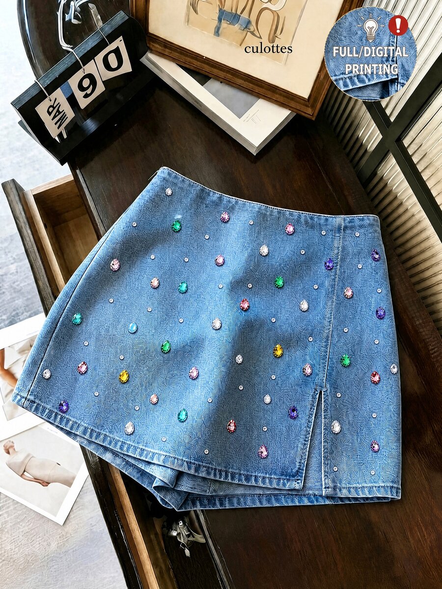 SHEIN Franclia 時尚休閒通勤百搭丹寧感印花紋理柔軟面料高腰開衩女款短褲/裙/寬腿褲/熱褲 - 彩色 - 查看 1