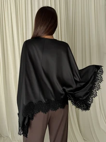 Aloruh Boat Neck Voluminous Sleeve Cinched Waist Commuter Blouse,Halloween - Black - View 3