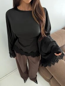 Aloruh Boat Neck Voluminous Sleeve Cinched Waist Commuter Blouse,Halloween - Black - View 8