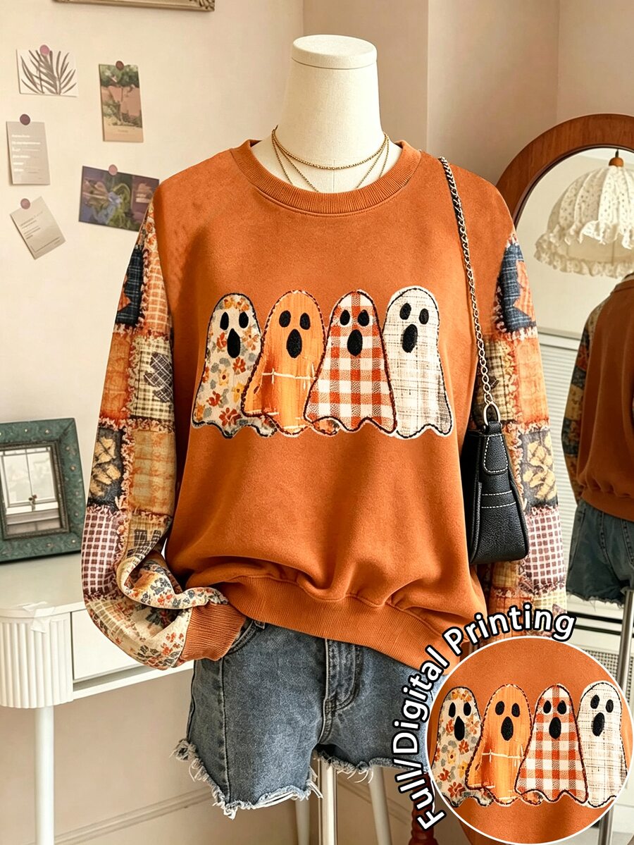 Lalippa Women's Ghost Print Crew Neck Long Sleeve Casual Sweatshirt - Multicolor - View 1