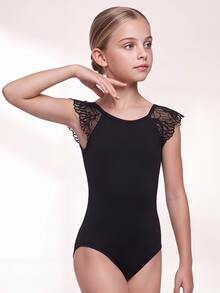 Tween Girl Contrast Lace Raglan Sleeve Gymnastics Leotard - Black - View 4