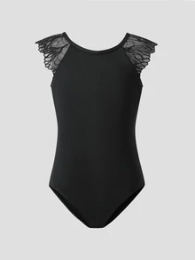 Tween Girl Contrast Lace Raglan Sleeve Gymnastics Leotard - Black - View 5