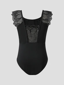 Tween Girl Contrast Lace Raglan Sleeve Gymnastics Leotard - Black - View 6