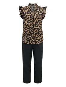 Glyssa Women's Leopard Print V-Neck Top And Solid Color Pants 2-Piece Set - Multicolor - View 3