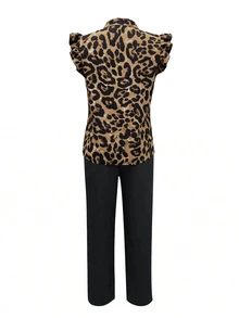 Glyssa Women's Leopard Print V-Neck Top And Solid Color Pants 2-Piece Set - Multicolor - View 2