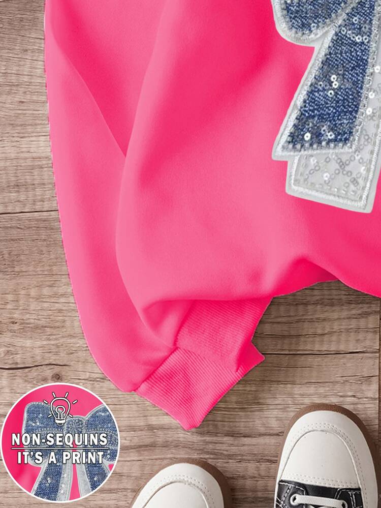 Young Girl Crewneck Sweatshirt, Faux Sequin Bow Graphic Long Sleeve Pullover, Sweet Casual Autumn Young Girl Tops - Hot Pink - View 4