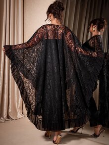 Cravure Halloween Black Lace Sheer Long Cover Up Plus Size Loose Cape Style Outerwear Chiffon Patchwork Ruffle Hem Daily Party Versatile Abaya Cover-Up - Black - View 8