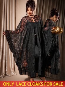 Cravure Halloween Black Lace Sheer Long Cover Up Plus Size Loose Cape Style Outerwear Chiffon Patchwork Ruffle Hem Daily Party Versatile Abaya Cover-Up - Black - View 1