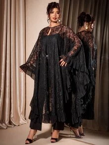Cravure Halloween Black Lace Sheer Long Cover Up Plus Size Loose Cape Style Outerwear Chiffon Patchwork Ruffle Hem Daily Party Versatile Abaya Cover-Up - Black - View 3