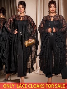 Cravure Halloween Black Lace Sheer Long Cover Up Plus Size Loose Cape Style Outerwear Chiffon Patchwork Ruffle Hem Daily Party Versatile Abaya Cover-Up - Black - View 2